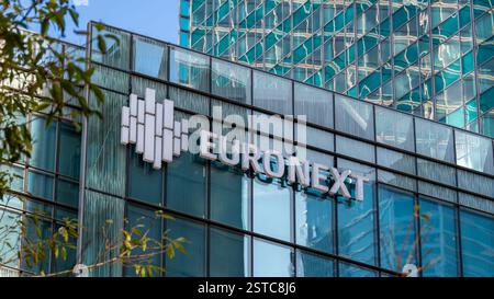 Sign and logo on the Euronext building in the Paris La Défense business district. Euronext is the main stock exchange in the Eurozone Stock Photo