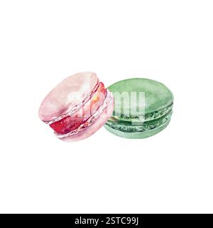 Macarons, pink and green. Hand drawn vector illustration of sweets. For postcards, invitations, poster for pastry shop and cafes, large banners, label Stock Vector