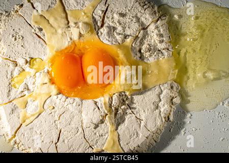 Two chicken eggs are broken in flour to make dough. Close-up. High quality photo Stock Photo