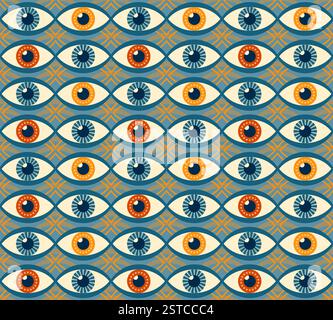 Colorful Geometric Eye Pattern with Diverse Iris Designs, retro mid-century style, seamless vector pattern rows of stylized monster eyes with varying Stock Vector