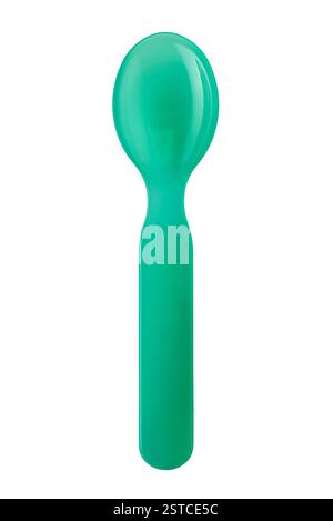 Baby plastic spoon, green small spoon for children isolated on white with clipping path included Stock Photo