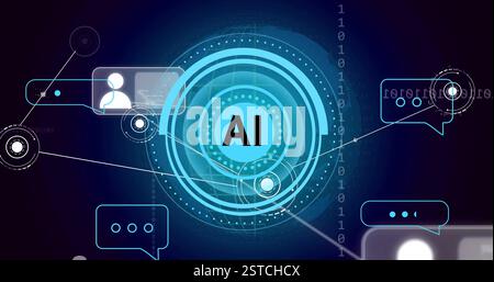 AI text and icons image over digital network connections and binary code Stock Photo