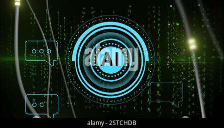 AI text bubbles and binary code image over green digital background Stock Photo
