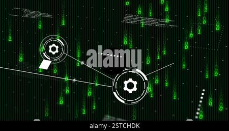 Binary code and gears image over green digital matrix background Stock Photo