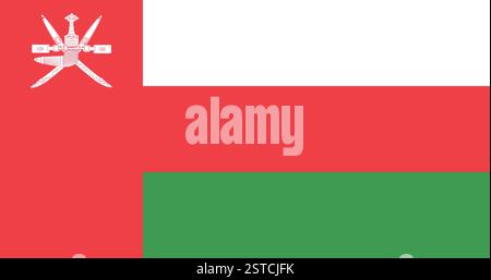 Flag of Oman, national flag with white, red and green stripes and red canton with khanjar emblem. Stock Vector