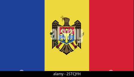 Flag of Moldova, Moldovan national flag with blue, yellow and red vertical stripes and central golden eagle coat of arms. Eastern Europe. Stock Vector