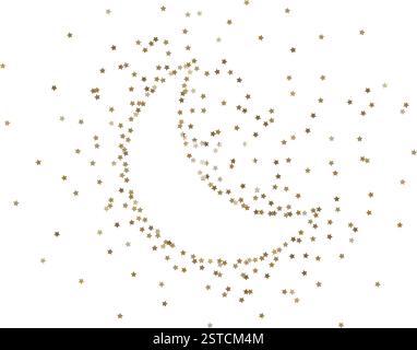 Crescent moon shaped frame, wreath of little golden stars confetti isolated on background. Falling tinsel. Festive party decoration. Ramadan Kareem Stock Vector