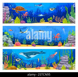 Cartoon underwater landscape banners, sea game level backgrounds with ...