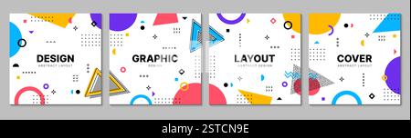 Square banners with abstract Memphis geometric pattern, vector backgrounds. Modern Memphis banner layouts with geometric colors and abstract shape ele Stock Vector