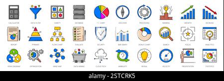 Color outline data analytics and analysis icons. Vector line business report graphs and statistic charts, big data technology, digital information fil Stock Vector