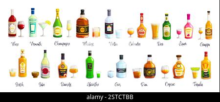 Cartoon alcohol bottles, liquor and wine drinks, vector alcoholic beverages with glasses. Vodka, whiskey, rum and beer, champagne, tequila, gin and ab Stock Vector