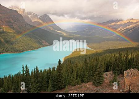 Rainbow over Peyto lake, Banff National Park Stock Photo