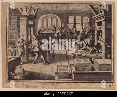 Print workers are engaged in their tasks in a printer workshop, using hand presses and performing tasks related to cassement. The scene captures the traditional printing process with workers focused on their craft. Stock Photo
