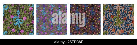 Set of seamless patterns with mystic floral snakes Stock Vector
