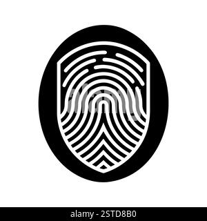 Fingerprint icon. Black and white shield shaped fingerprint design. Cyber security concept. Stock Vector