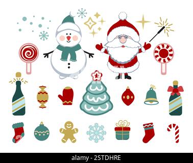 Set of Christmas flat colorful icons. Santa, snowman, christmas free, gingerbread, gift box. Flat design, Stock Vector
