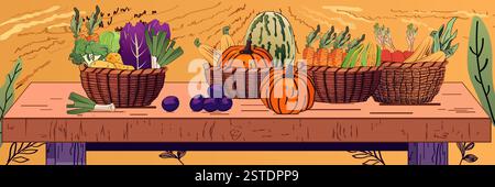 Harvest vegetables autumn scene colorful produce baskets pumpkins table vibrant background rustic design Stock Vector