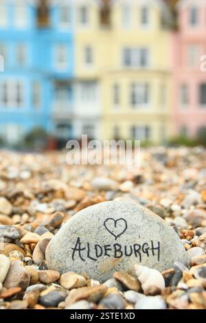 Aldeburgh, Suffolk. Pastel coloured villas by the pebble beach at Aldeburgh, a pretty English seaside town in the East of England, Suffolk, UK Stock Photo