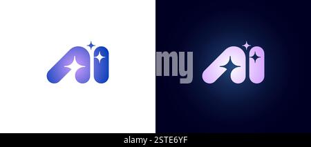 Futuristic gradient colors AI monogram logo and abstract magic stars. Modern vector icon symbolizing artificial intelligence, digital innovation and technology. Branding, software or networks badge Stock Vector