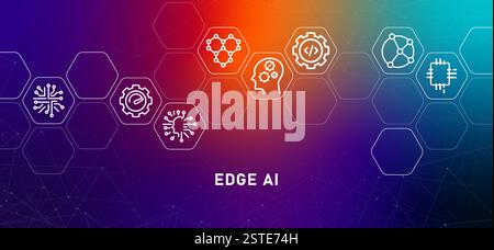 Edge AI gradient header device nodes computing programming real time connection algorithm machine learning artificial intelligence network internet of Stock Vector