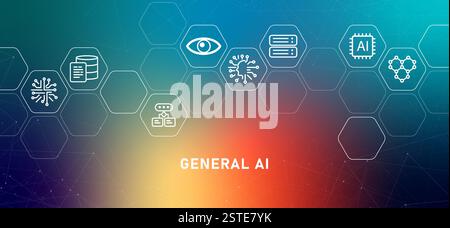 General AI gradient header deep learning machine development adaptive system futuristic technology artificial intelligence decision-making data Stock Vector