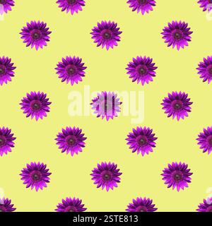 Surreal Pop Art Seamless Pattern of Blooming Purple Sunflowers on Yellow Backdrop Stock Photo