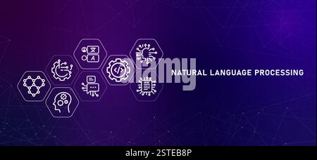 NLP natural language processing header gradient computer smart machine learning linguistic programming AI artificial intelligence data development Stock Vector