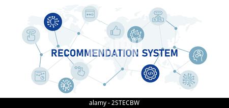 Recommendation system icon set with illustration machine engine review recommend technology analysis rating programming AI artificial intelligence Stock Vector