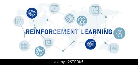Reinforcement learning icon set illustration modern technology AI artificial intelligence algorithm analysis processing data learn machine system Stock Vector