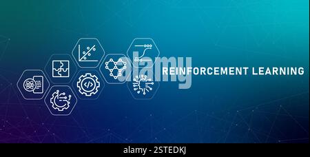 Reinforcement learning machine gradient header smart learning computer system data analysis programming AI artificial intelligence development Stock Vector