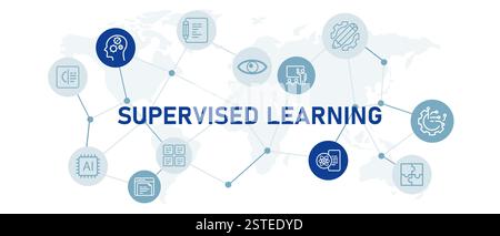 Supervised learning AI artificial intelligence smart system data analysis futuristic robot machine training vision analyzing engine icon set design Stock Vector