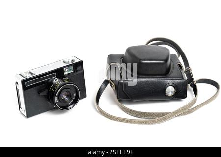 Retro camera with case on white background Stock Photo