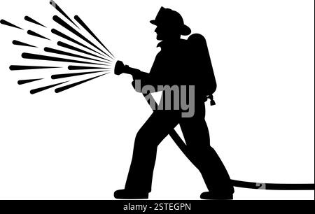 Silhouette of firefighter spraying water with hose vector illustration Stock Vector
