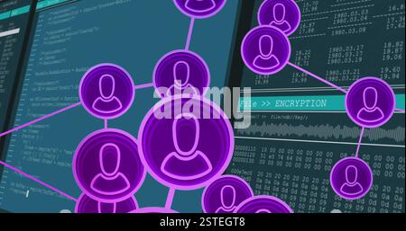 Network of user icons and encryption process image over computer code Stock Photo