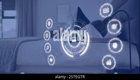 Digital interface icons image over person using laptop on bed Stock Photo