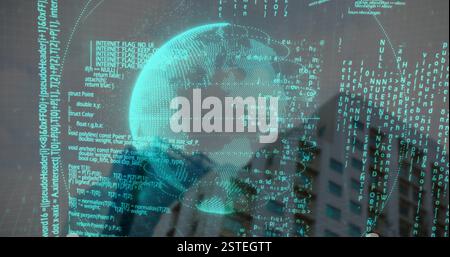 Digital globe and binary code image over cityscape background Stock Photo
