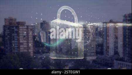 Digital padlock and binary code image over cityscape background Stock Photo