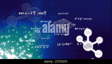 Mathematical equations and magnifying glass image over abstract blue background Stock Photo