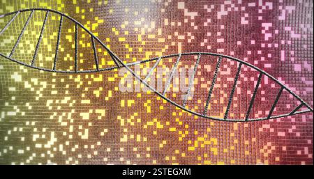 DNA strand over digital pixelated background, scientific data ...