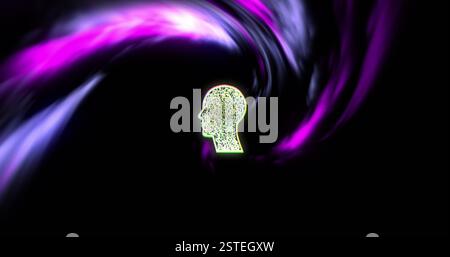 Human head silhouette with binary code over swirling purple and black background image Stock Photo