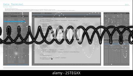 Data processing image over terminal access screen with code and wave pattern Stock Photo