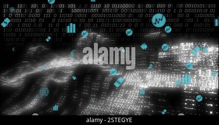 Binary code and data analytics icons over digital landscape image Stock Photo