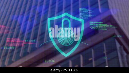 Digital security shield with lock image over skyscraper background Stock Photo