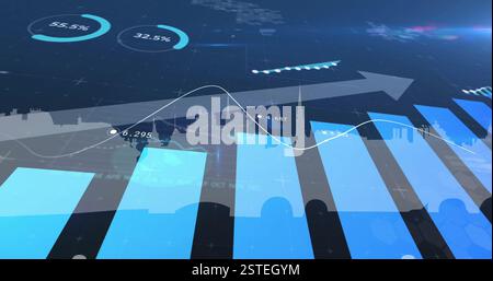 Financial data analysis image over city skyline with bar and line graphs Stock Photo