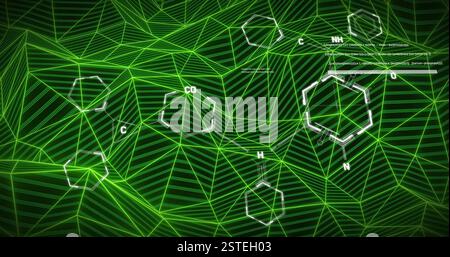 Chemical structures and molecular bonds image over green geometric grid background Stock Photo