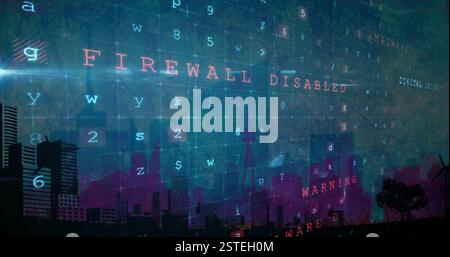 Cybercrime and malware detected text image over cityscape with digital code Stock Photo