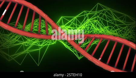 DNA strand image over green geometric network background Stock Photo
