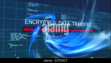 Encrypted data transfer text image over digital code and blue swirling graphics Stock Photo