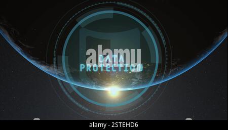 Digital interface image over Earth from space with sunrise Stock Photo