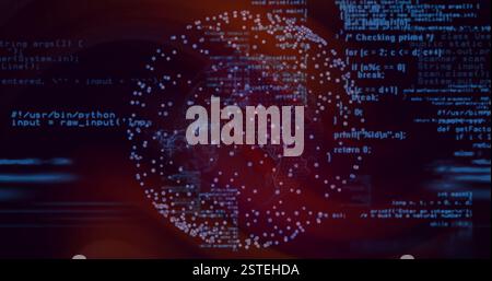 Digital globe with data points and coding image over dark red background Stock Photo